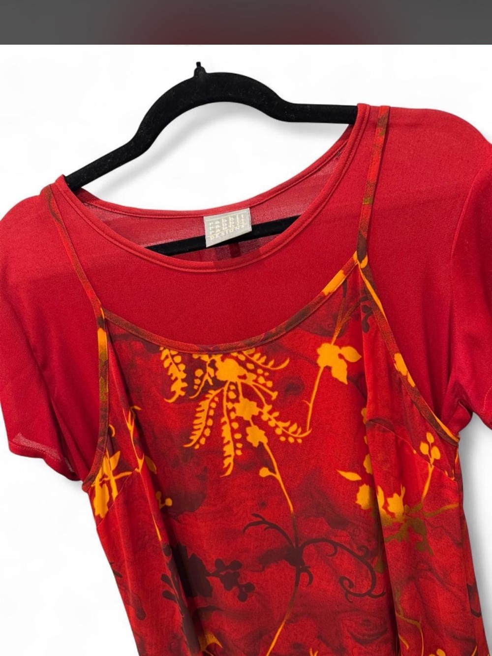 Rabbit Rabbit Rabbit Red Floral Slip Dress with Yellow Print - Picture 5 of 6